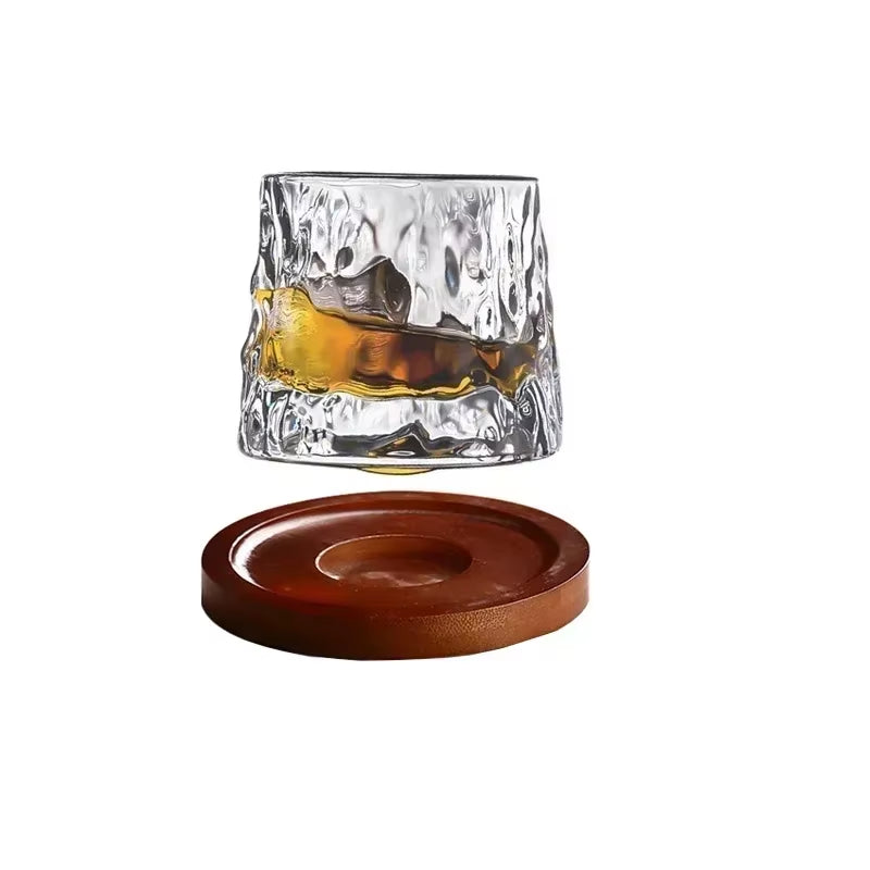 160ML Rotatable Whiskey Glass Cup Barware Old Fashioned Wine Glass with Wooden Base for Liquor Scotch Bourbon Bar Glassware Tool